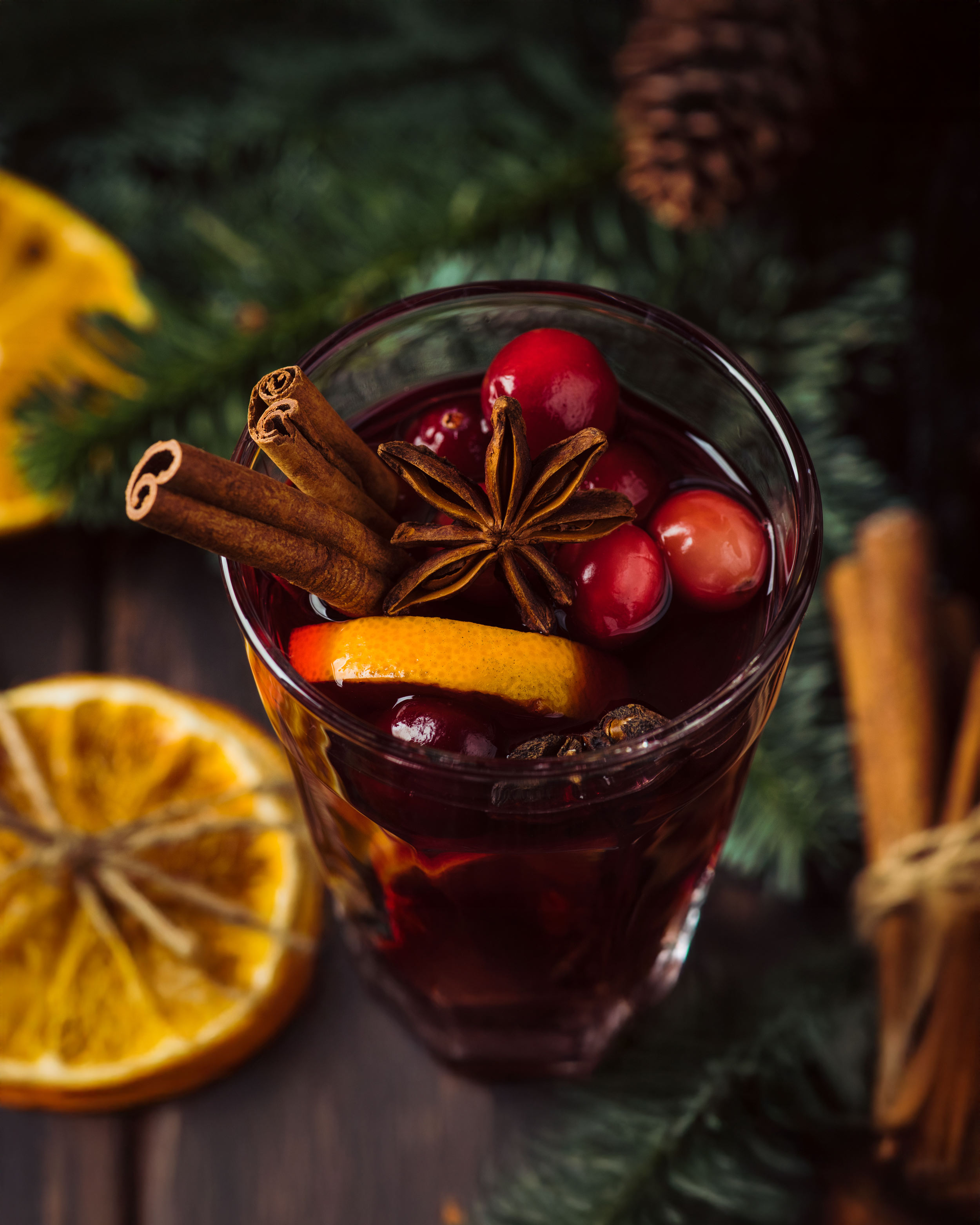 Mulled wine in a glass with garnish